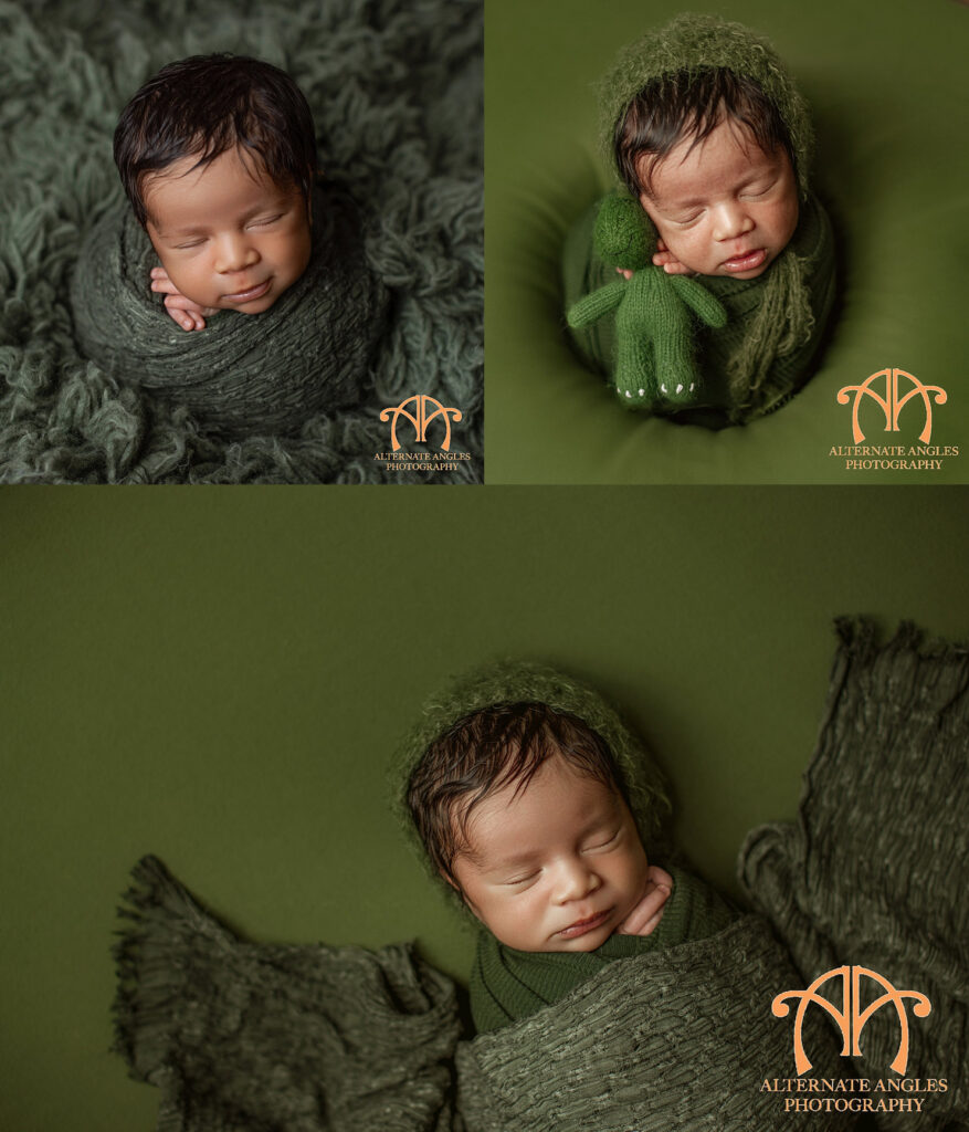 Newborn baby sleeping in green wraps during a customized studio newborn photography session