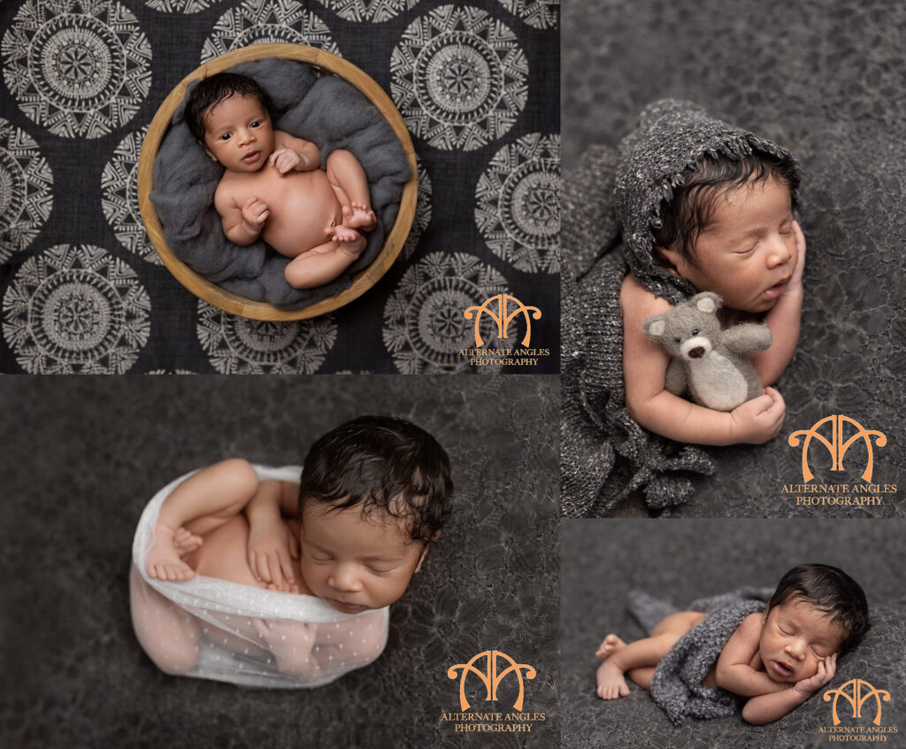 Sleeping newborn baby in grey themed studio portraits with wraps, basket poses and teddy bear
