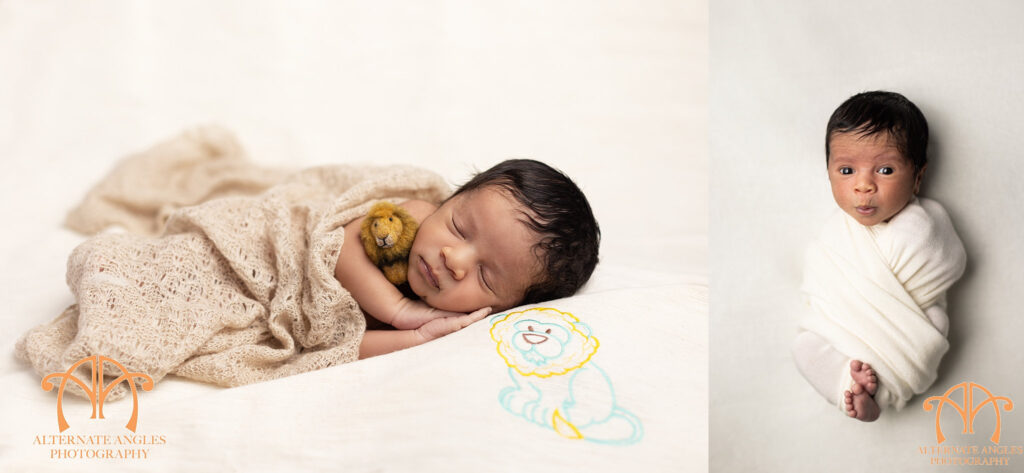 Newborn baby posed with a lion keepsake and family heirloom during a personalized studio portrait session