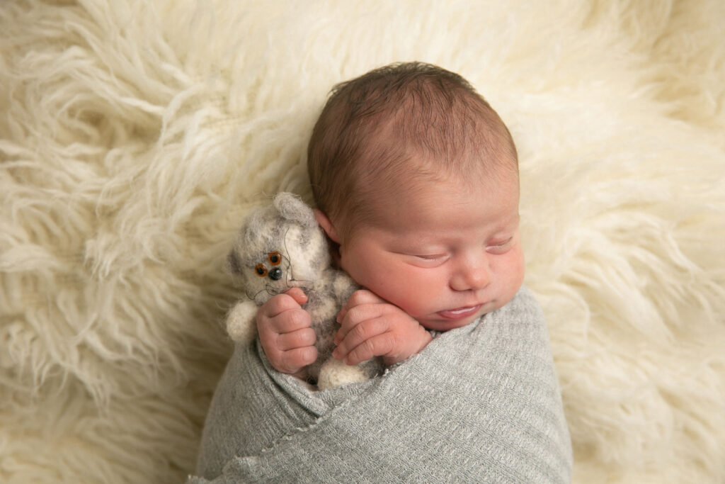 Sleeping newborn baby wrapped in gray fabric holding stuffed animal during in-home newborn session that is shot to look as though it was a studio portrait