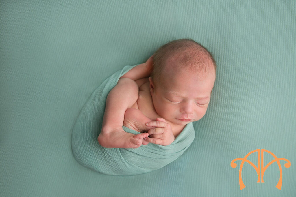 Overhead portrait of newborn baby girl wrapped in mint fabric during studio photography session