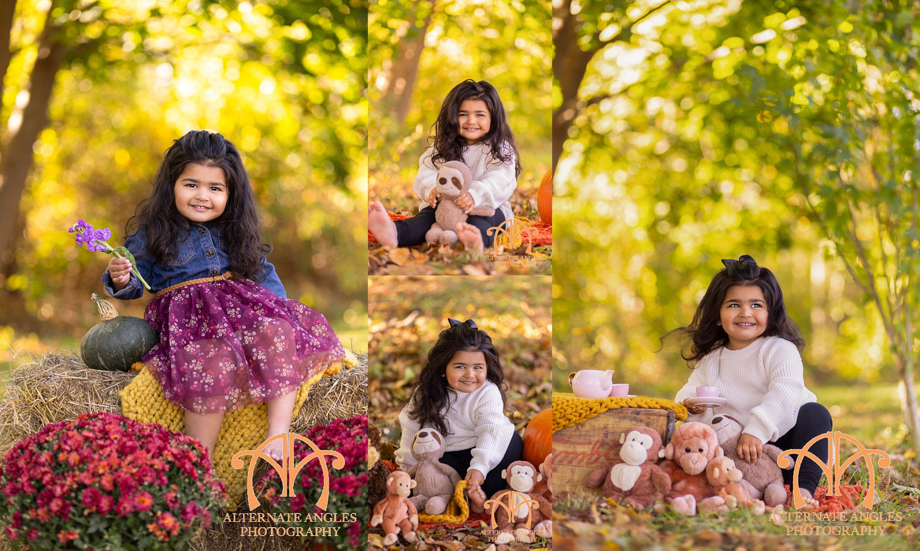 Four-year-old girl wearing oversized sunglasses and a leather jacket during a playful outdoor portrait