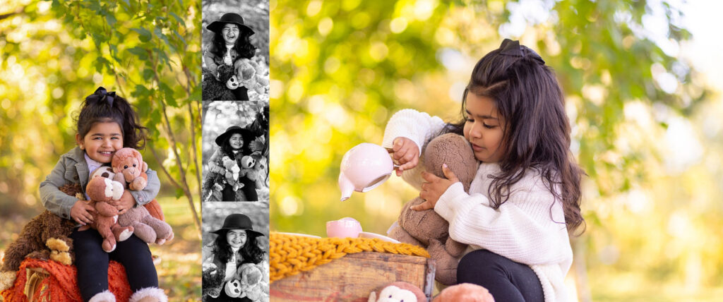 Four-year-old girl enjoying a tea party themed portrait session outdoors with stuffed animals