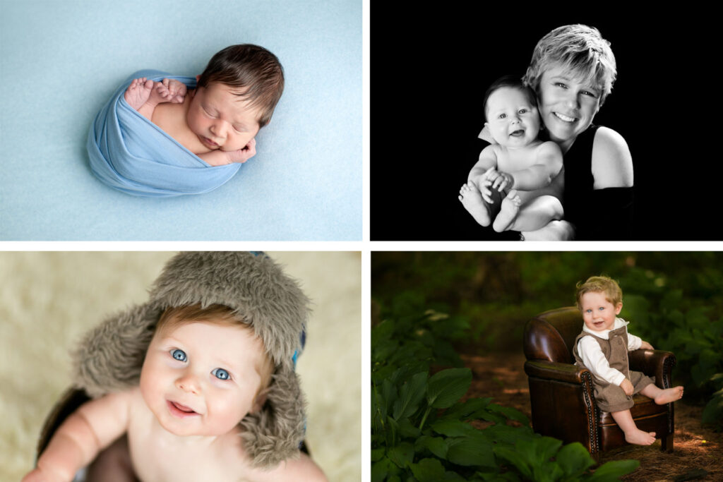 Baby boy milestone photography collage featuring newborn, parent, sitter, and first birthday portraits across the first year