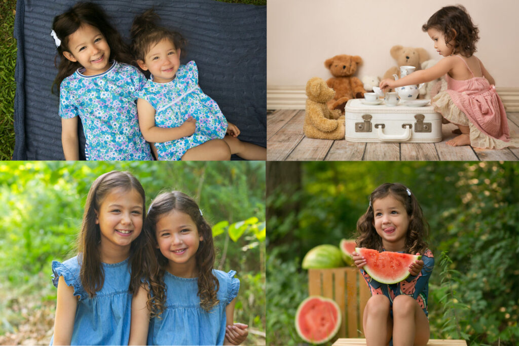 Children’s milestone photography collage featuring sisters portraits and toddler milestone sessions over early childhood years