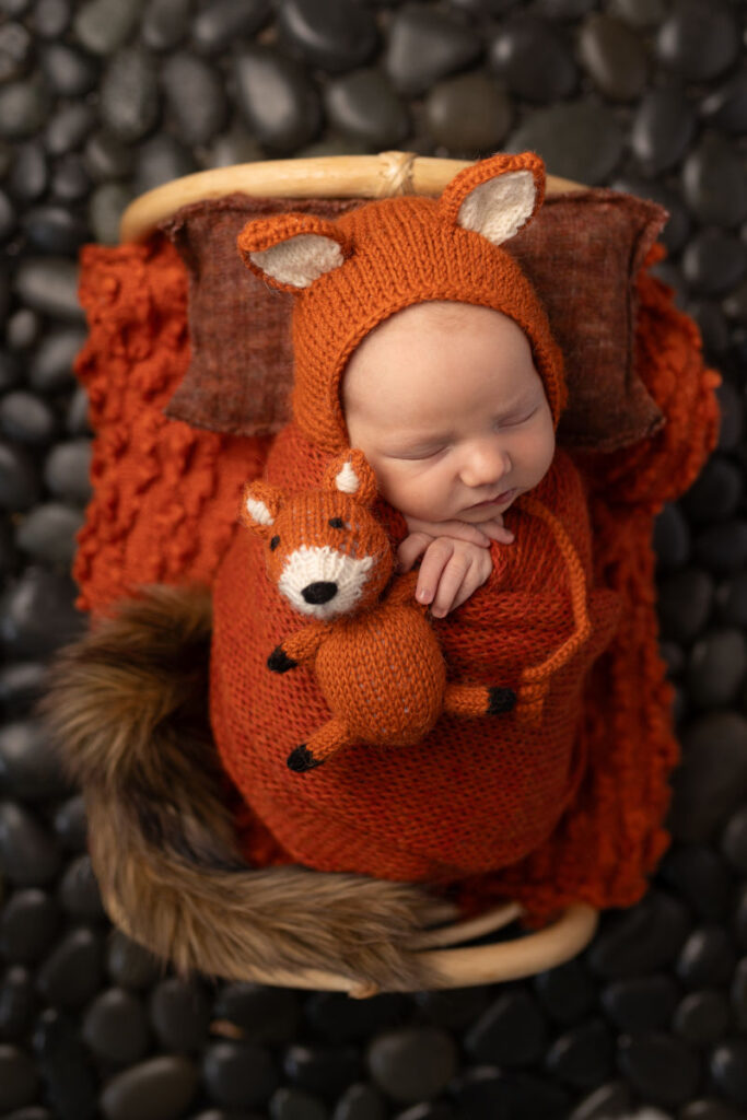 Sleeping newborn baby in a fox themed portrait setup with warm fall colors