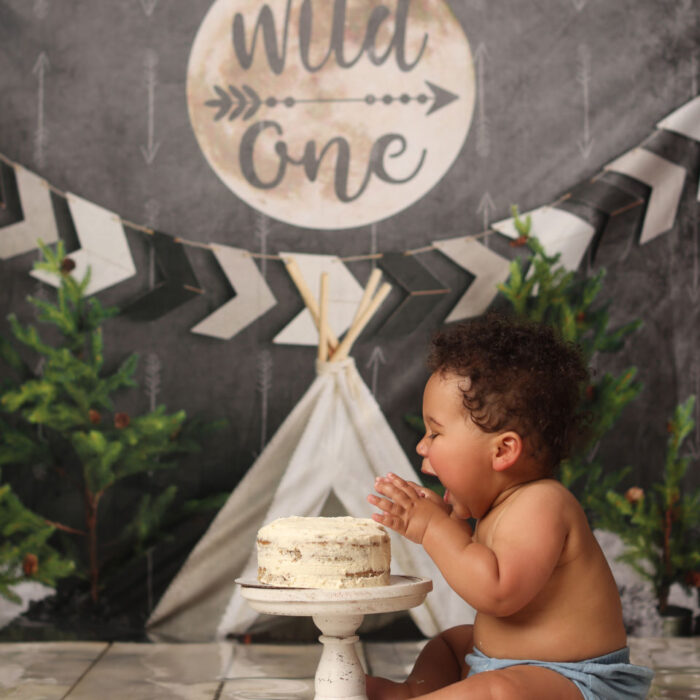 One year old baby enjoying cake smash during Wild One first birthday session