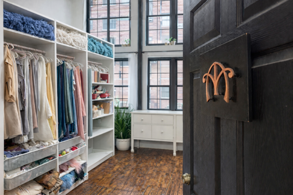 Alternate Angles photography studio entrance with newborn wardrobe and props