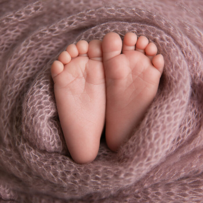 Close-up detail portrait of tiny newborn feet wrapped in a soft pink blanket