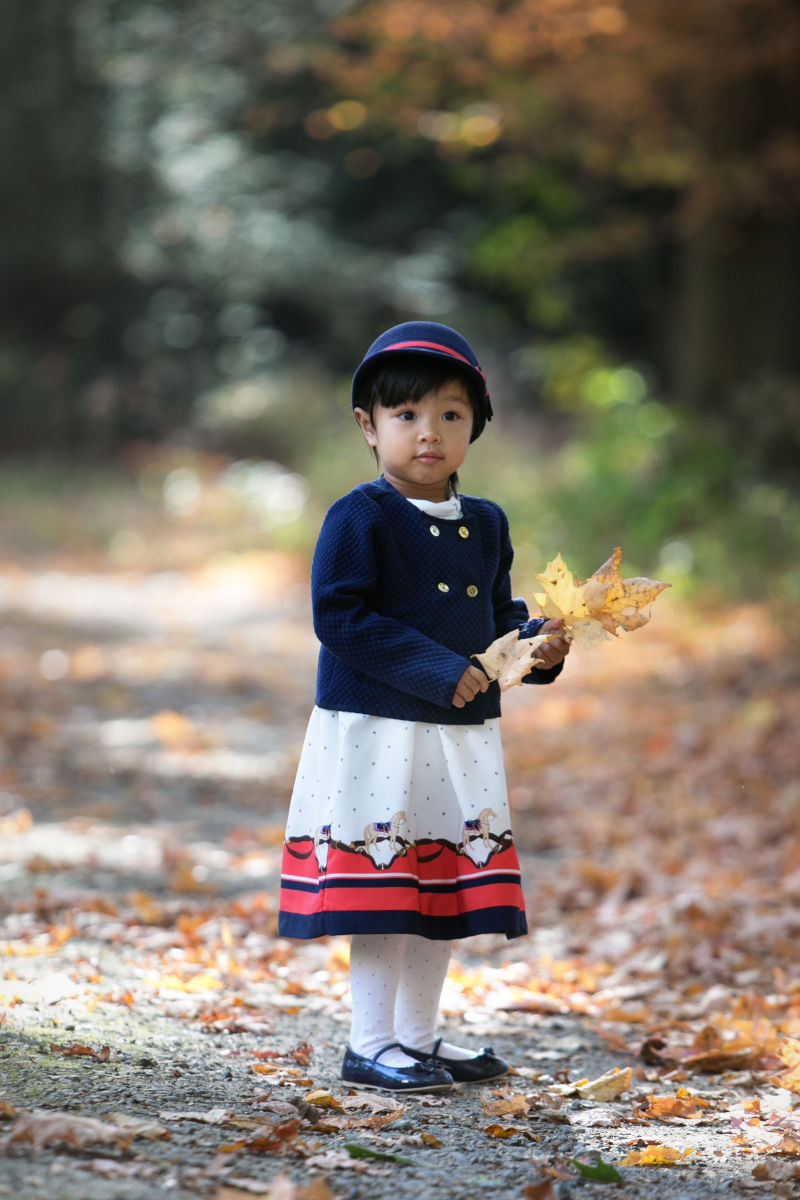 Toddler girl holding autumn leaves during outdoor fall child photography session in natural light