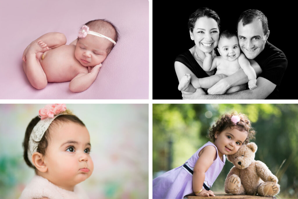 Baby girl first year milestone photography collage showing newborn, family, sitter, and one year portrait sessions
