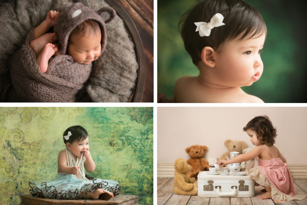 First year baby photography collage showing baby girl newborn, sitter, milestone, and toddler sessions