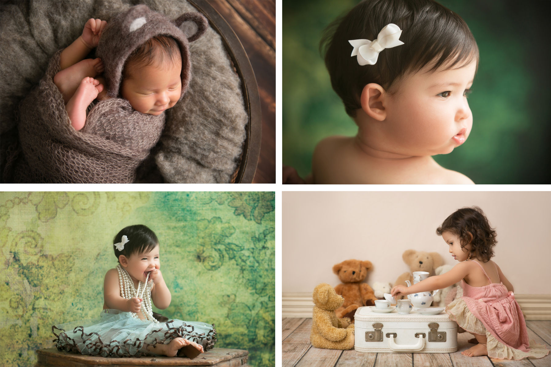 First year baby photography collage showing baby girl newborn, sitter, milestone, and toddler sessions