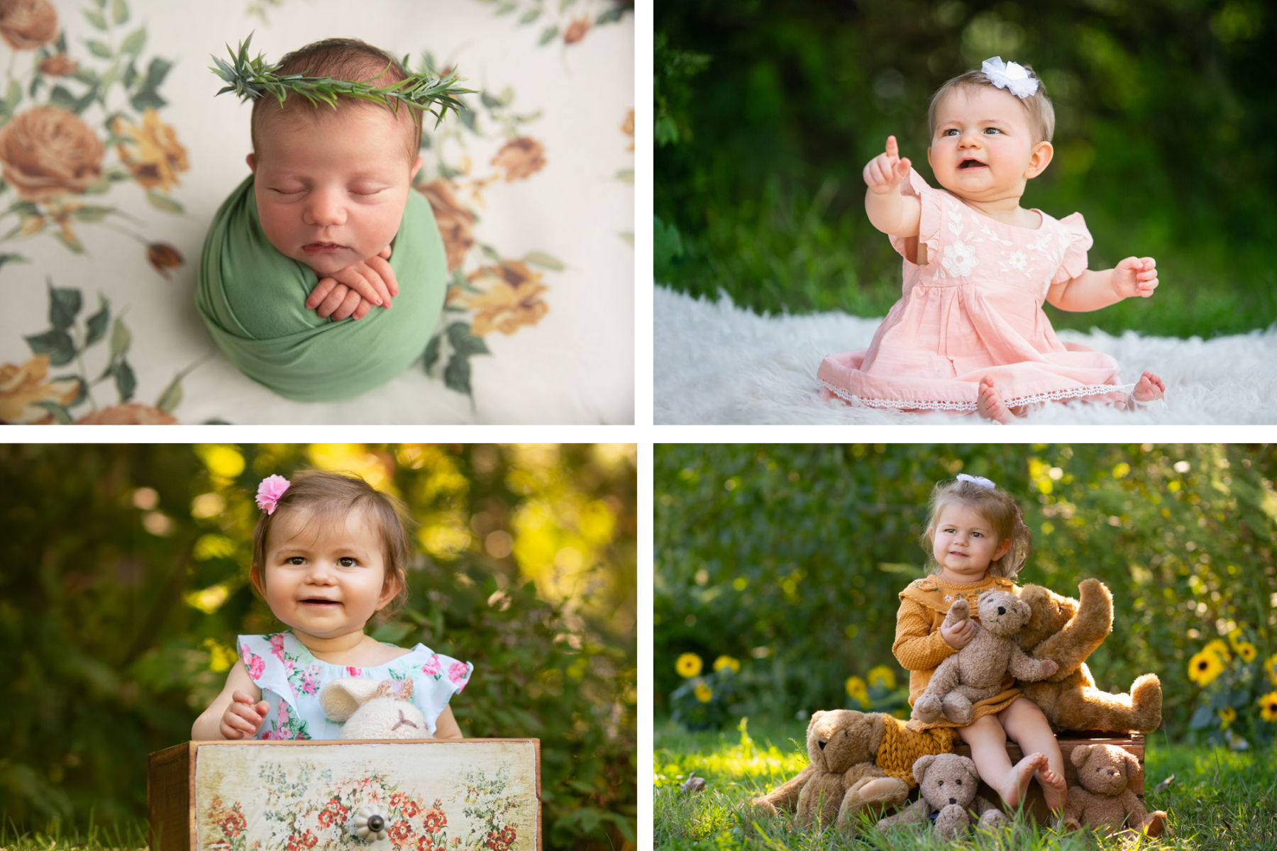 Baby girl Baby Plan photography collage featuring newborn, sitter, one year, and toddler outdoor portraits