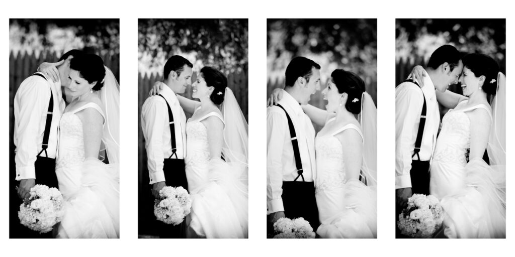 Black-and-white wedding portrait series of a bride and groom laughing together during a Newport Rhode Island portrait session