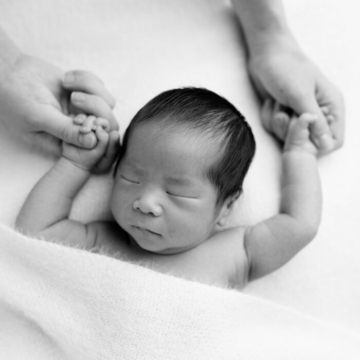 Japanese newborn baby holding parents hands in black-and-white close-up portrait