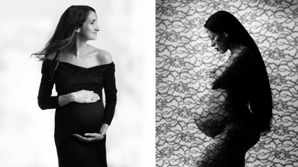 Black and white maternity portraits featuring two expectant mothers in elegant studio photography at Alternate Angles Photography